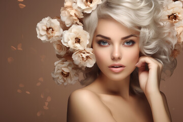 Woman with blonde hair and flowery headdress poses for photo