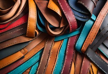 top view of multi-colored trimmings of leather in a tannery - obrazy, fototapety, plakaty