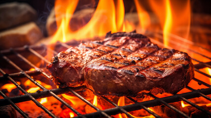 a steak, perfectly grilled, over an open flame grill; background image