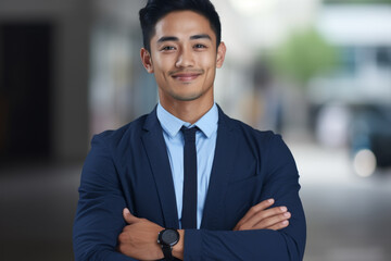 Fototapeta premium Man in suit and tie is smiling and wearing watch