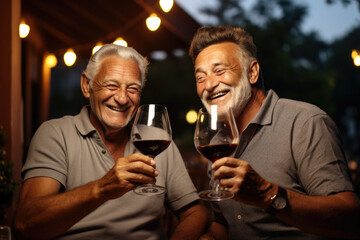 Two men are sitting at table, holding wine glasses and smiling