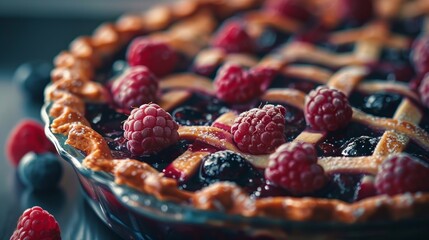 blueberry pie with raspberries, food close up 