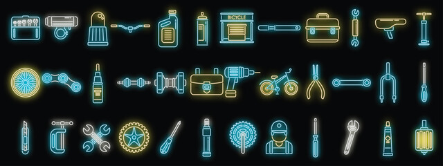 Bicycle repair icons set outline vector. Bike element. Bicycle parts equipment neon color isolated - obrazy, fototapety, plakaty