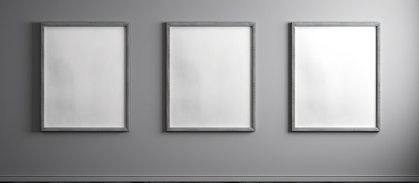 Three rectangular picture frames are hanging on a grey wall, showcasing monochrome art. The visual display highlights tints and shades in a monochrome photography exhibit