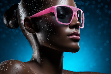 Woman with wet hair and pink sunglasses