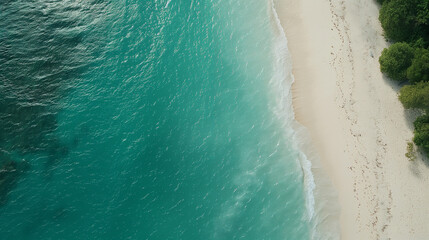 Fototapeta na wymiar Aerial view. View of the Clean and Clear Ocean Sinking on Tropical White Sands. Summer background
