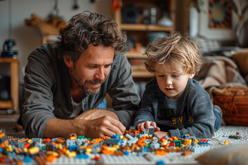 Father and son are playing with colorful bricks and spending time together