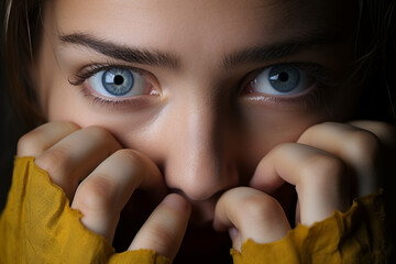 The psychology of being mentally cornered and in a state of extreme repression. Facial expression and eyes of a frightened and anxious woman, psychology and psychology concept.