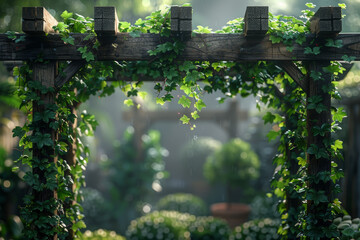 A wooden trellis adorned with climbing vines, showcasing the harmonious union of structure and organic growth. Concept of supporting plant development. Generative Ai.