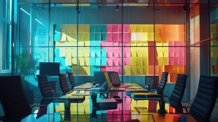 Creative team brainstorming session in a modern office vibrant post-its on glass walls tech gadgets on the table