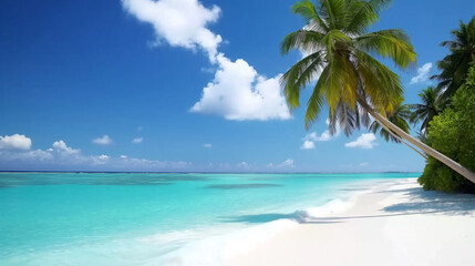 Fototapeta na wymiar Palm Trees Over Tropical Lagoon With White Beach In Maldives. Summer background.