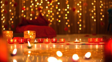 Decorative Room with Burning Candle and String Lights at the Occasion of indian Traditional Festivals.