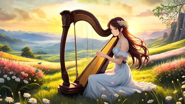 Woman Elegantly Playing the Harp. Seamless looping time-lapse 4k video animation background