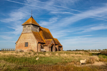 Fairfield Church on Romney Marsh in Kent, with sheep grazing in the fields around