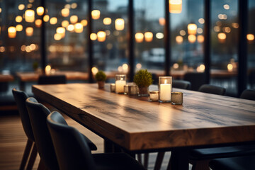 Wooden dining table with candles and potted plants on it