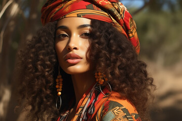 Woman with curly hair and red and orange scarf is wearing gold earrings