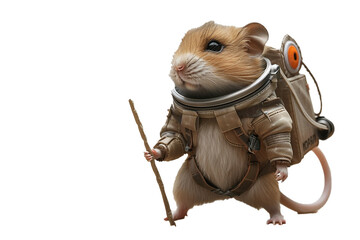 A hamster wearing a spacesuit and holding a flag isolated on transparent background, png file