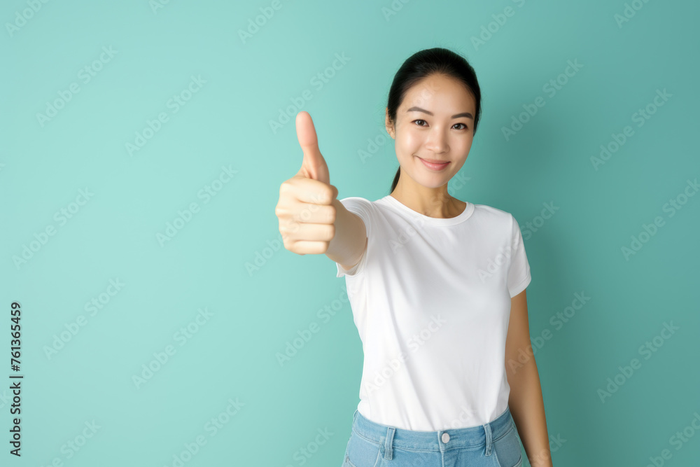 Wall mural woman is smiling and giving thumbs up