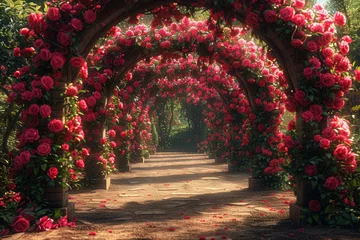 Tuinposter A trellised archway covered in climbing roses, creating a romantic entrance and showcasing the versatility of floral structures. Concept of enhancing garden entrances. Generative Ai. © Sebastian