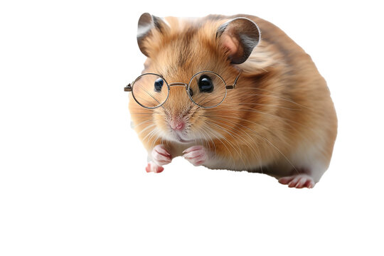 A hamster reading a book and wearing glasses isolated on transparent background, png file