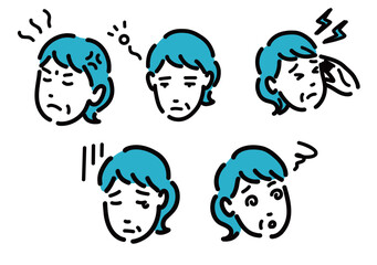 更年期障害に悩んでいるミドルエイジの女性の顔のセット
