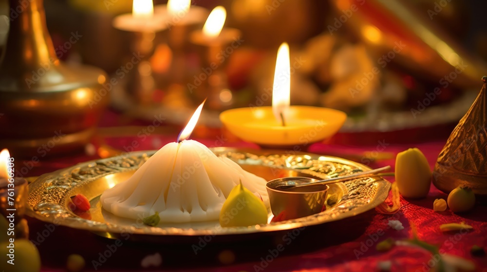 Wall mural closeup image of worship plate decorated with illuminated oil lamp.