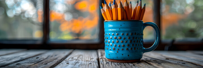 Pencils in Blue Ceramic Mug on Wooden Table ,
cup of penciles  and a saucer on a table  - obrazy, fototapety, plakaty