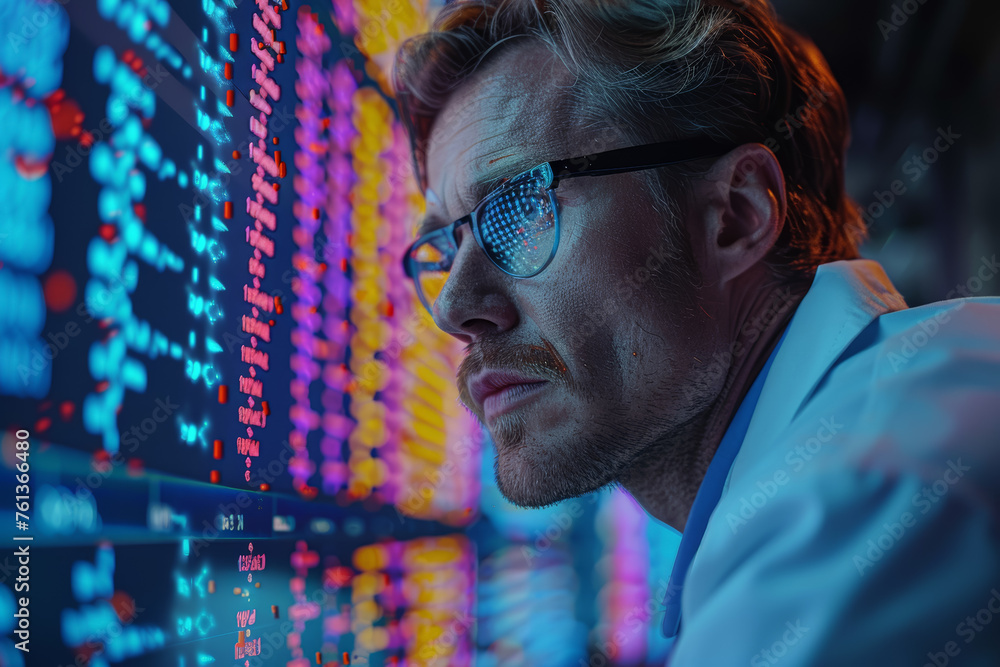 Poster a geneticist analyzing dna sequences on a computer screen, unraveling the genetic code and its impli