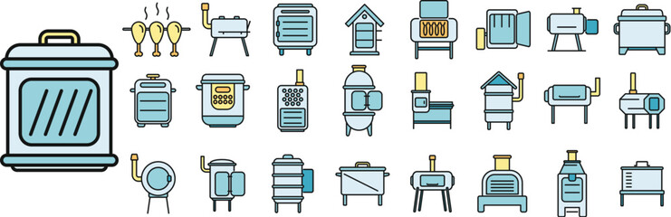 Smokehouse icons set outline vector. Food fish. Meat beef thin line color flat isolated