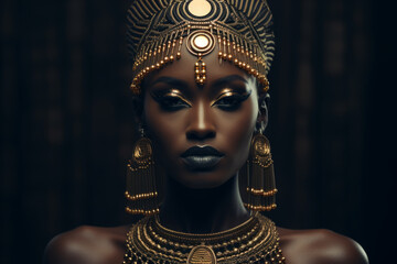 Woman wearing gold jewelry and gold headpiece