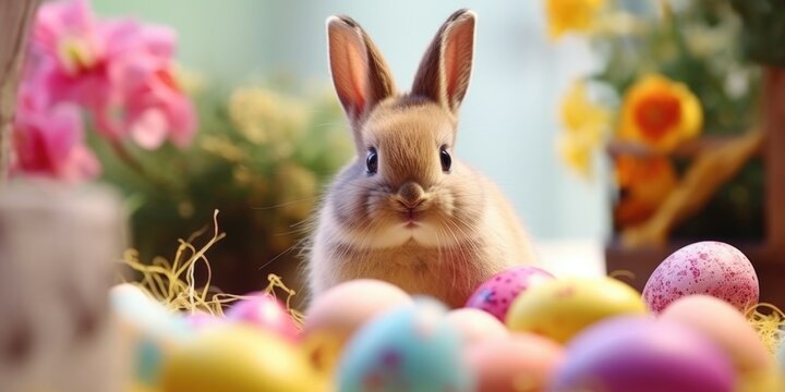 Rabbit is standing in front of bunch of Easter eggs