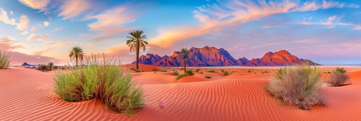 Golden sahara desert sunset panorama  captivating sand dunes view, ideal for travel ads.