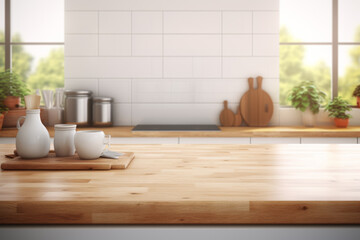Kitchen counter with wooden board and few white cups and vase