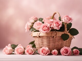 Basket of Pink Roses, Romantic Floral Arrangement