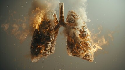 Unhealthy, sick lungs with poor air quality. Human lungs and bronchial cells in smoke - obrazy, fototapety, plakaty