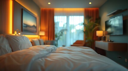 Bed in vacation hotel room, blurred abstract background. Generative AI