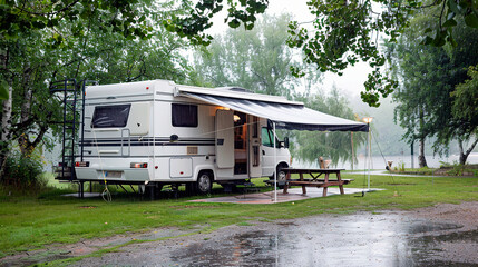 a new mobile home with an awning and table on a rainy day - 761367259