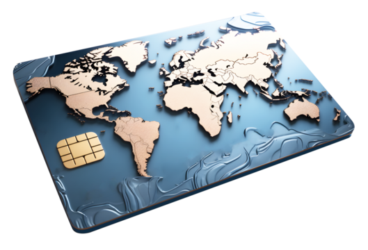Digital credit card display blue. Gold world map pattern isolated on cut out PNG or transparent background. Technology Online card payment for purchases from online stores and online shopping.