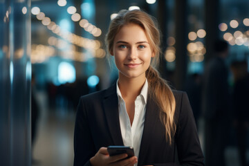 Woman in business suit holding cell phone