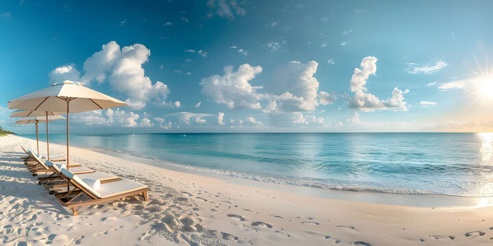 Tranquil beach with clear and calm sea and velvety white sand, sun loungers and umbrellas, suitable as a background photo for a summer vacation