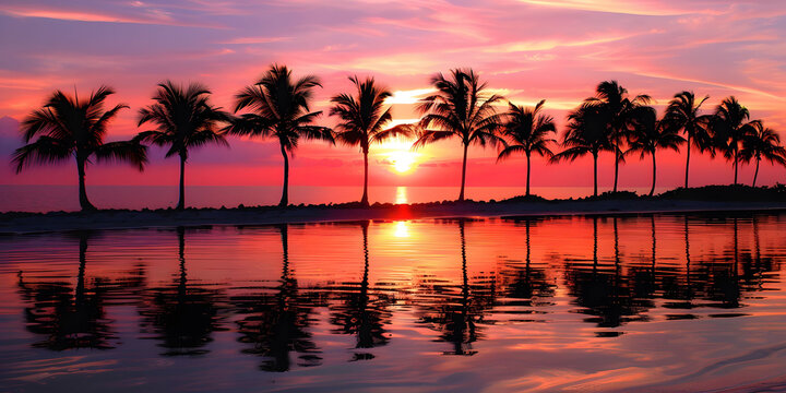 Silhouetted palm trees in a coast line , a photo taken during the sun set, background for a vacation