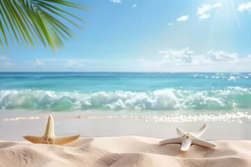 Tropical beach with sea star on sand, summer holiday background. Travel and beach vacation, free space for text. generative ai.