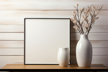 White vase and white frame with black border sit on wooden table