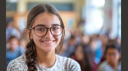 A girl with glasses is smiling at the camera