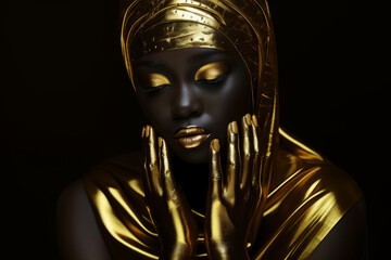 Woman with gold makeup and gold scarf