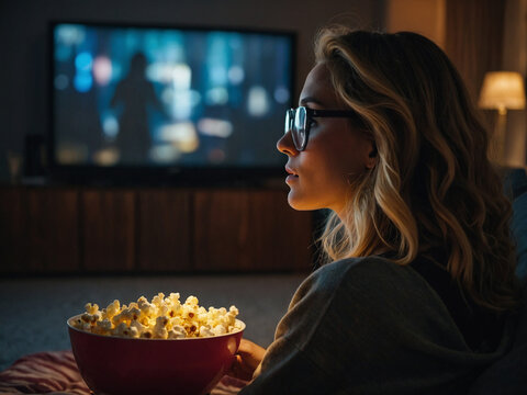 Young woman watching TV and relaxing with popcorn
