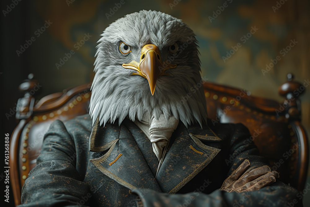 Poster a character in formal attire featuring an eagle's head as a representation of keen vision and strate