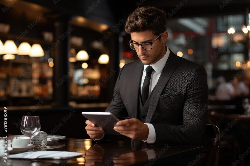Poster man in suit is sitting at table with tablet in front of him