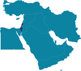 Purple detailed CMYK blank political map of ISRAEL with white national country borders on transparent background using orthographic projection of the marine blue Middle East