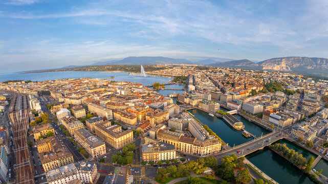 Geneva, Switzerland skyline view towards the Jet d'Eau fountain in Lake Geneva.